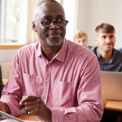 An older man sits in a classroom