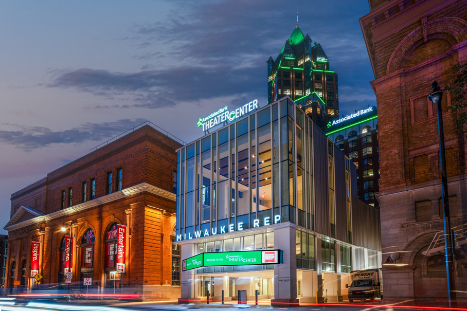 The Milwaukee Rep illuminated at night